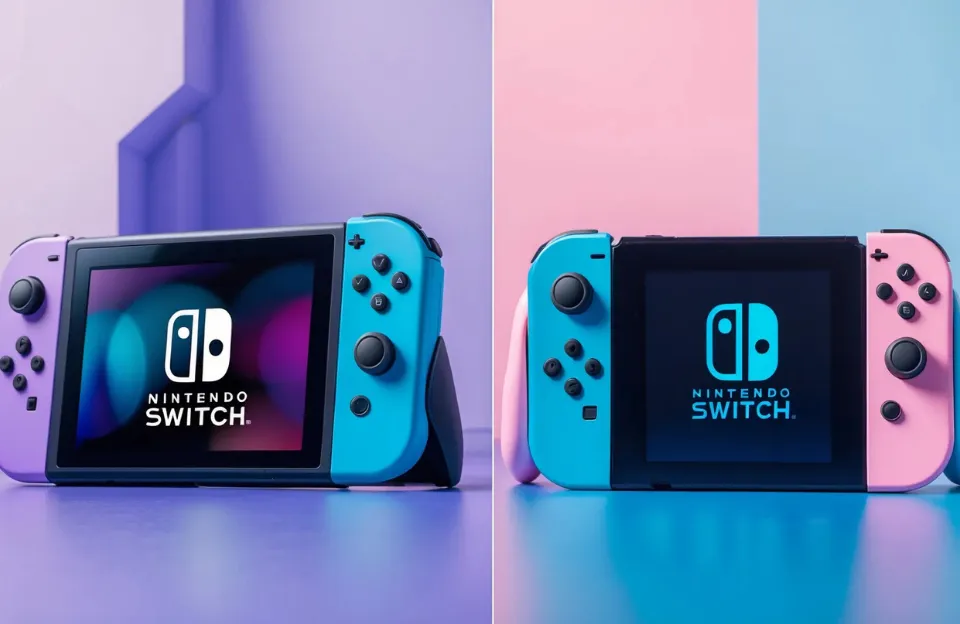 Comparação do console Nintendo Switch V1 vs V2 lado a lado em uma configuração de jogo moderna, iluminação de alta qualidade, fotografia detalhada do produto