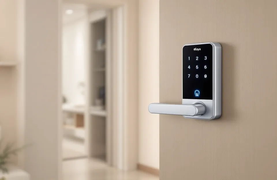 Fechadura digital Elsys ESF-DE4000B instalada em uma porta moderna, mostrando leitor de impressão digital e teclado, fotografia profissional do produto com iluminação suave