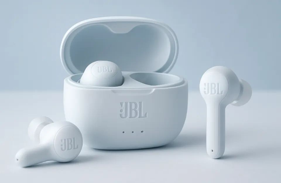 Fones de ouvido sem fio JBL Wave Buds 2 brancos com estojo de carregamento em exposição, fotografia profissional do produto com iluminação suave e fundo limpo