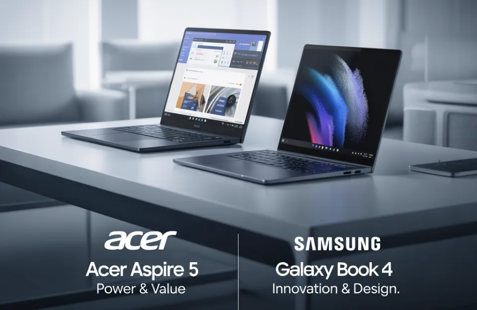 Notebooks Acer Aspire 5 e Samsung Galaxy Book 4 lado a lado sobre uma mesa moderna em ambiente corporativo.
