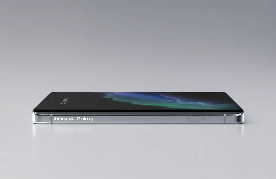 Lateral do smartphone Samsung Galaxy S25 Edgeem destaque, evidenciando seu design fino e acabamento metálico.