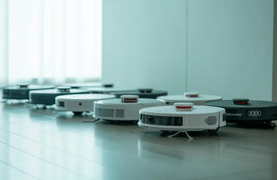 aspiradores de pó robóticos modernos de diferentes marcas expostos em um piso de madeira limpo, iluminação natural suave, fotografia de produto de alta qualidade (2)