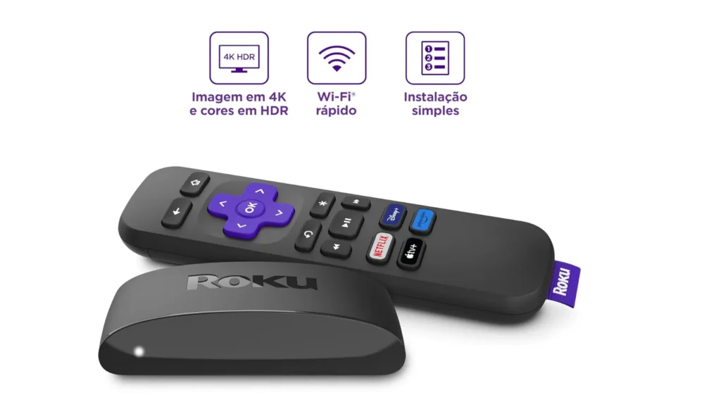 Roku Express com controle remoto preto e detalhes roxos