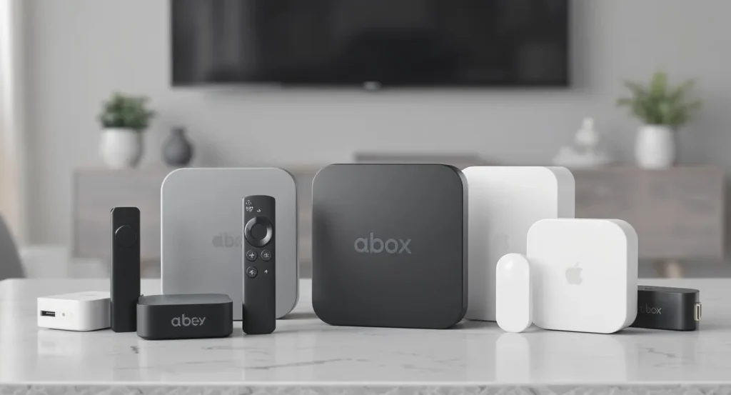 Melhor aparelho para transformar tv em smart: conjunto de dispositivos smart home da marca dispostos sobre uma mesa branca, incluindo hubs, controles remotos e sensores em cores preta e branca.