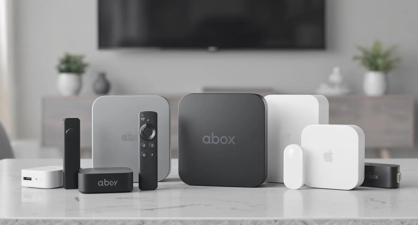 Melhor aparelho para transformar tv em smart: conjunto de dispositivos smart home da marca dispostos sobre uma mesa branca, incluindo hubs, controles remotos e sensores em cores preta e branca.