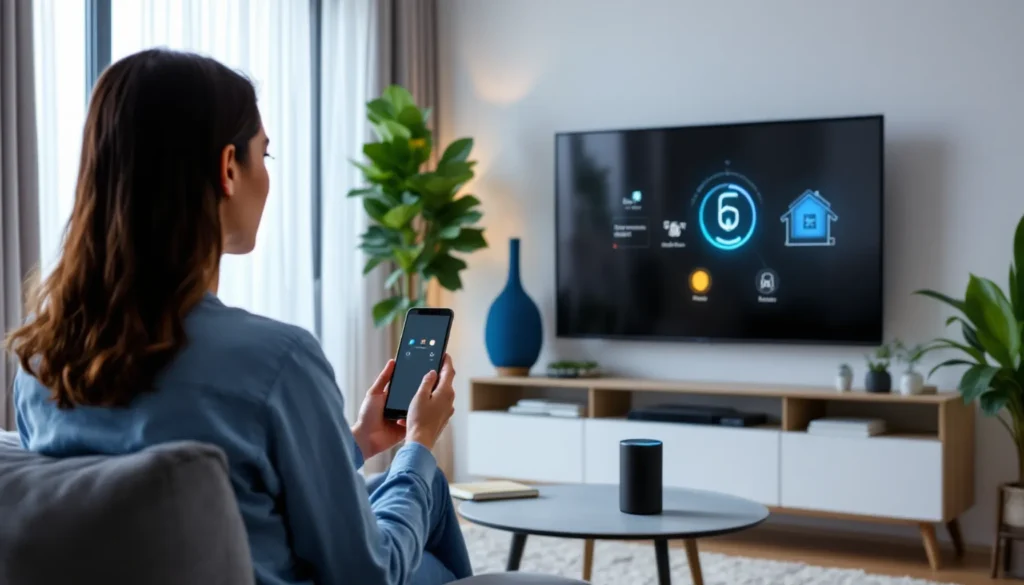 Assistente de voz com alto-falante inteligente controlando dispositivos domésticos inteligentes em uma sala de estar brasileira moderna, pessoa falando com ele, visualização de interface digita Assistente de voz com alto-falante inteligente controlando dispositivos domésticos inteligentes em uma sala de estar brasileira moderna, pessoa falando com ele, visualização de interface digita