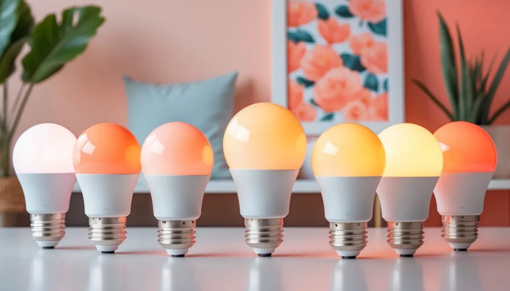 lâmpada inteligente em casa moderna, mostrando várias cores e níveis de brilho, fotografia profissional de produtos