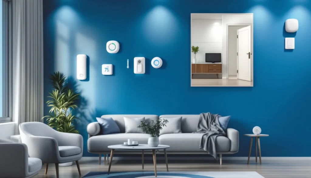 vários sensores de casa inteligente instalados em diferentes partes de um apartamento brasileiro moderno, mostrando aplicações práticas como sensores de porta, sensores de temperatura e detecto vários sensores de casa inteligente instalados em diferentes partes de um apartamento brasileiro moderno, mostrando aplicações práticas como sensores de porta, sensores de temperatura e detecto