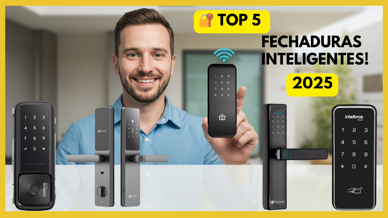 Homem sorridente exibindo fechaduras inteligentes, com cinco modelos de fechaduras inteligentes destacados ao fundo, incluindo modelos das marcas Intelbras e CviZ
